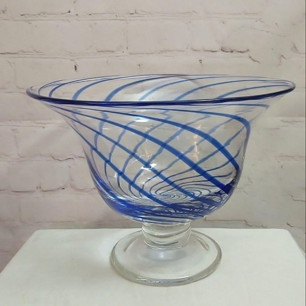 PASABAHCE Cobalt Blue Swirl Hand Blown Turkish Glass Centerpiece Footed Bowl 10"